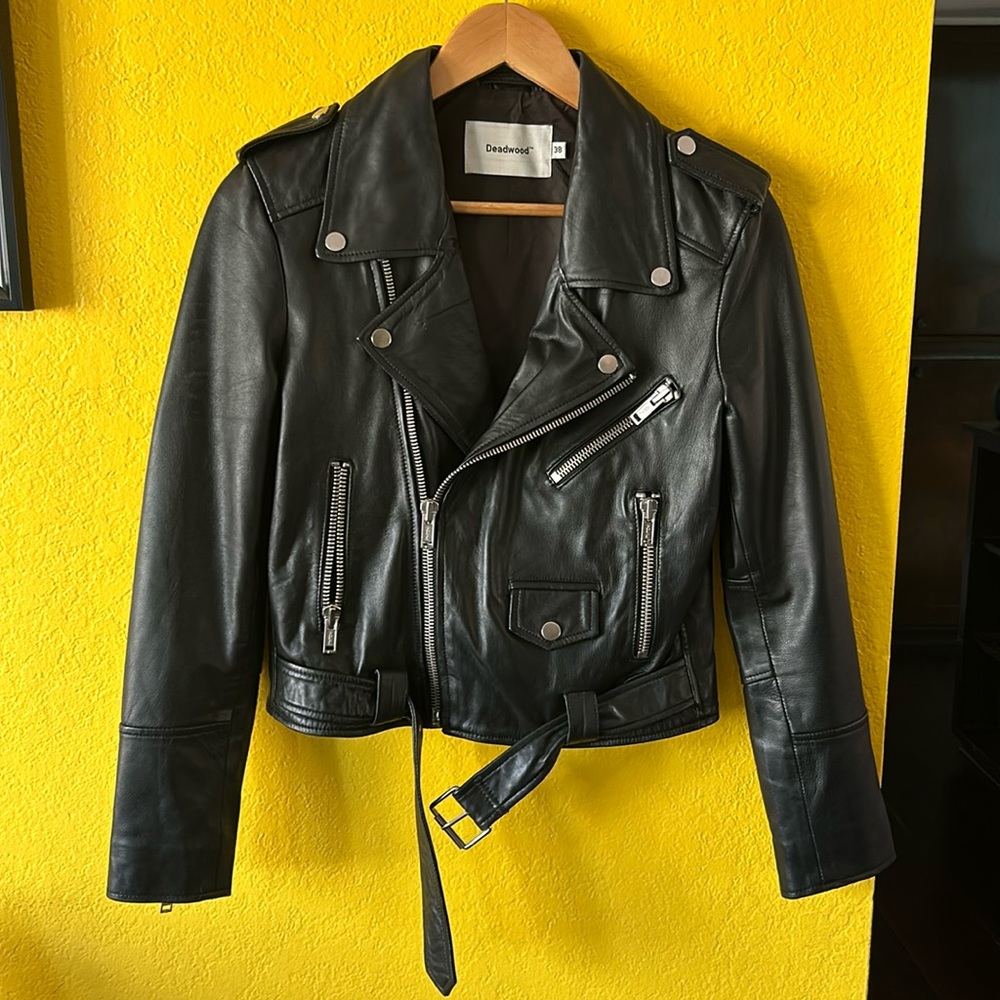 Deadwood recycled leather cropped moto jacket. Style is Debbie